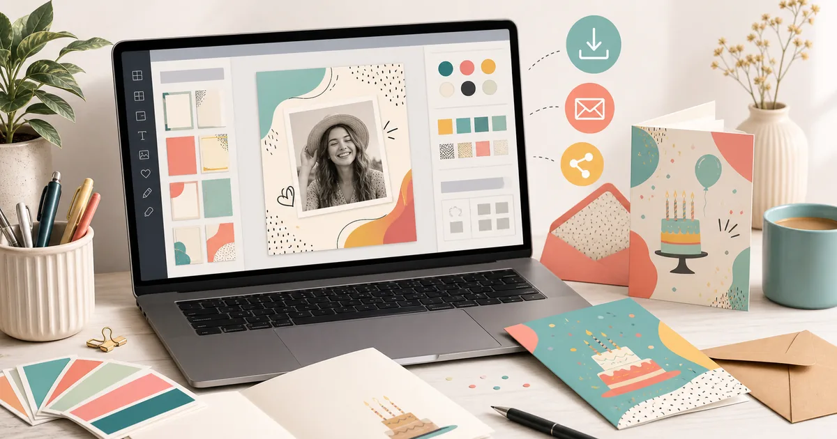 Editor de diseno de Canva con tarjeta de cumpleanos colorida lista para personalizar y exportar