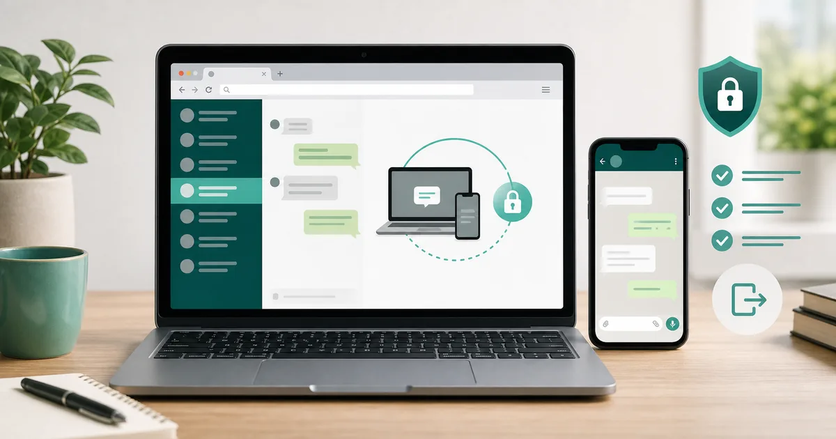 Portátil con sesión de mensajería cerrada y teléfono revisando dispositivos vinculados