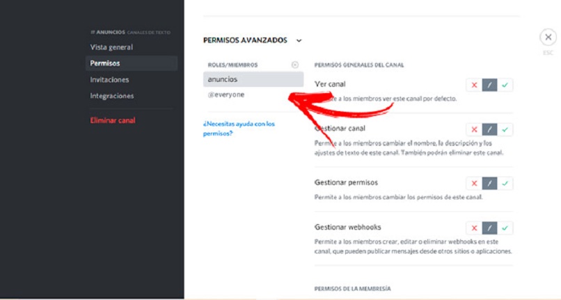 conceder los permisos en el canal de anuncios de discord